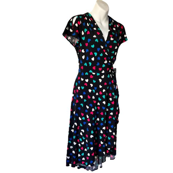 New* Wrap Dress Size Medium Black Pink Green Hearts Fit & Flare Colorful READ - Picture 3 of 16